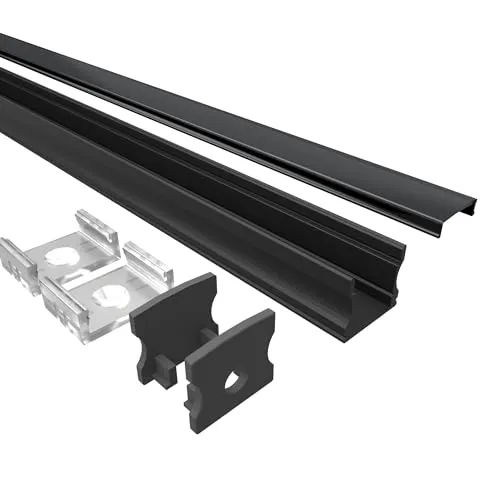 Tivendis Led Alu Profil 2 m AH Komplett Set für Strip/Streifen bis 12 mm breit | Abdeckung schwarz, Endkappen, Befestigungclips | U-Form Aufputz Deckenleiste Wandprofil eloxiert