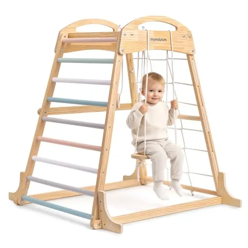 Mamabrum Hölzerner Kinder Spielplatz mit Schaukeln, Gymnastikrollen und Kletternetz - Kompaktes Sport-Set für Aktives Spielen zu Hause