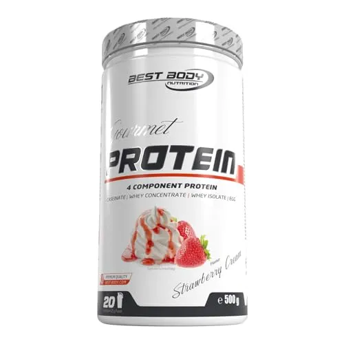 Best Body Nutrition Gourmet Premium Pro Protein, Strawberry Cream - 4 Komponenten Protein Shake - Mehrkomponenten Proteine mit 80% Proteinanteil, super cremig und fruchtig im Geschmack. Ideal nach dem Training oder als Zwischenmahlzeit, vegetarisch und aspartamfrei.