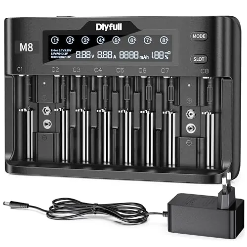 Dlyfull Akku Ladegerät Universal 10 Fach Batterieladegerät Schnell Akkuladegerät für Li-Ion, NI-MH, NI-Cd, LiFePo4, 18650, 21700, AA, AAA, C, 9V Akkus Wiederaufladbare Batterien