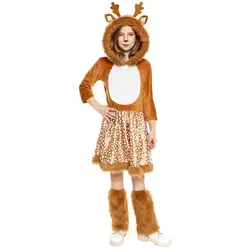 Maskworld Kostüm Reh Kinderkostüm - Karneval Fasching Halloween, Niedliches Rehkleid mit flauschiger Kapuze für Mädchen braun 110-116