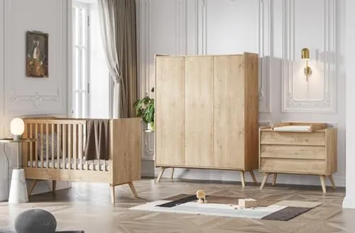 QMM Babyzimmer Kinderzimmer Vienna komplett Set B Kleiderschrank 3-türig Kommode Wickelaufsatz Bett (Eiche)