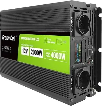 Transformator Green Cell INVGC12P2000LCD 2000 W - Sonstige Elektroinstallationsartikel mit LCD-Screen und integriertem Lüfter für optimale Kühlung, ideal für den Einsatz im Fahrzeug.