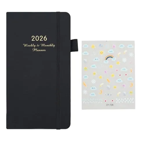 Wochenplaner A5 1 Woche 2 Seiten mit 1 Dekorativen Aufklebern, Kalender 2026 18 x 9.8 cm, Buchkalender mit PU-Leder Hardcover, Terminplaner Schwarz für Lehrer, Schüler, Büro