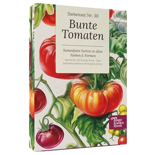 Magic Garden Seeds - Bunte Tomaten Saatgut-Box mit 9 Sorten - Cocktail-, Fleisch- & Salattomaten in Gelb, Rot, Violett - Samenfestes Tomatenset für Garten, Topf & Hochbeet