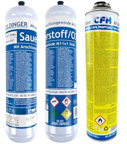 Set 2x Sauerstoff Einwegflaschen & Brenngas AT3000 für CFH Schweißfix