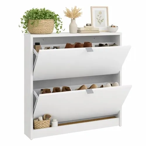 Well Home Adaja Schuhschrank mit 2 Fächern, Weiß, 70,3 x 16,55 x 85,2 cm