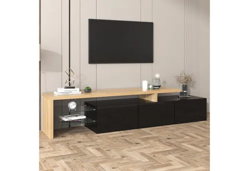 Okwish TV-Schrank aus Holzwerkstoff mit LED-Beleuchtung, 197,5 cm - Eleganter TV-Schrank mit harmonischer Kombination aus Schwarz und Holzton. Bietet viel Stauraum und attraktive Glasböden. Inklusive stimmungsvoller LED-Beleuchtung für Ihr Wohnzimmer.
