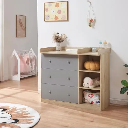 [en.casa] Wickelkommode Beldinupp - Stilvoller Wickeltisch mit 3 Schubladen - Wickeltische: Großzügige Wickelfläche mit abnehmbarer Auflage, modernes Design in Grau und Eicheoptik, ideal für Ordnung im Babyzimmer.