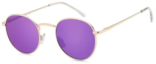 styleBREAKER Unisex Panto Sonnenbrille mit runden Gläsern | Metallrahmen mit Federscharnier & UV400 Schutz | verspiegelte oder getönte Flachgläser, Gestell Gold/Glas Lila verspiegelt