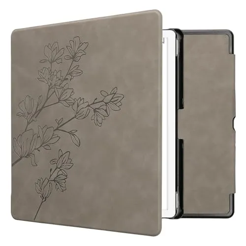 kwmobile Schutzhülle für Amazon Kindle Scribe (2024) Hülle - eReader Case aus Kunstleder mit Auto Sleep Funktion - Magnolien mit Grau