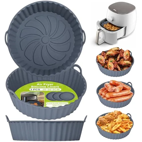 Alyvisun Silikonform für Heißluftfritteuse, 3 Stück Air Fryer Silikonmatte Silikon Backform Pot Zubehör Runde Einsätze Liner für Airfryer, Mikrowelle, Ofen(Grau)