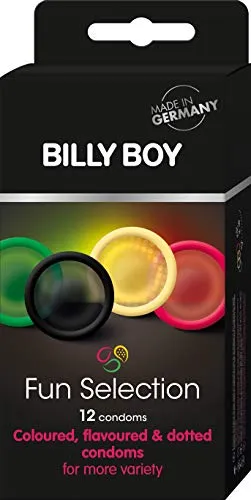 Billy Boy Fun Selection Mix - Bunte Vielfalt an Kondomen (12 Stück) - Kondome für Männer mit farbigen und perlgenoppten Designs, hergestellt aus Naturkautschuklatex, dermatologisch getestet und Made in Germany für mehr Spaß und Abwechslung.