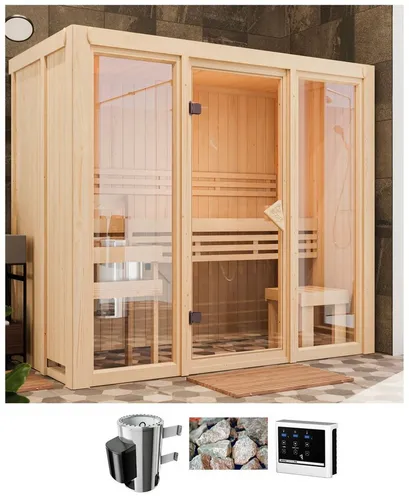 Karibu Sauna Alani 2, 216 x 122 x 198 cm, 68 mm, 3,6 kW Ofen - Genießen Sie entspannende Momente in dieser hochwertigen Elementsauna mit 68 mm Wandstärke und hervorragender Dämmung. Kompakt und energieeffizient, ideal für Ihr Zuhause.