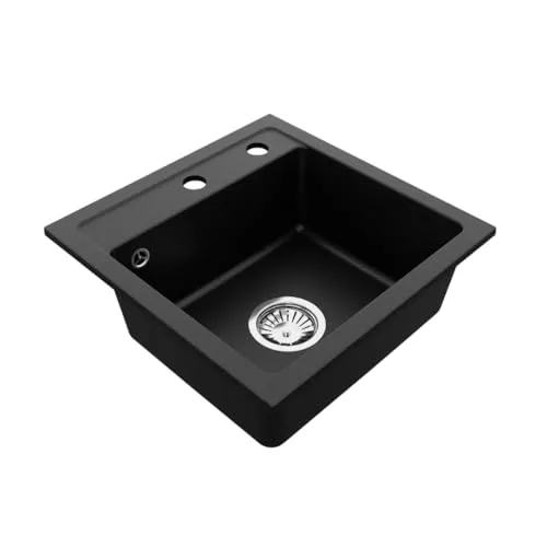 VBChome Granitspüle 44 x 44 cm Schwarz Einzelbecken Einbauspüle Gesprenkelt Pflegeleichtes Spülbecken mit Siphon Ideal für kleine Küchen