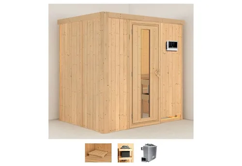 Karibu Sauna Bedine 196 x 151 x 198 cm mit 9 KW-Ofen - Innensauna mit 68 mm Wandstärke, ideal für entspannende Saunagänge und gesundheitliche Vorteile wie Muskelentspannung und Hautreinigung.