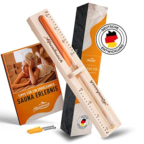 ALPENHAUCH Sauna Sanduhr 15 Minuten aus Naturholz - Edle Saunauhr mit Sicherheitsglas - Präzise Zeitmessung für dein Saunaerlebnis! Die ALPENHAUCH Sanduhr aus 100% Naturholz bietet eine langlebige, einfache Montage und ist perfekt lesbar. Inkl. Saunabuch für nützliche Tipps!