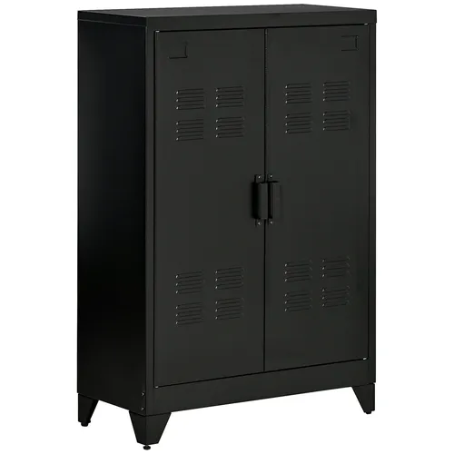 HOMCOM Highboard Aktenschrank mit Lamellentüren - Modernes Highboard in Schwarz, ideal für stilvolle Aufbewahrung mit 2 Einlegeböden und 3 geschlossenen Fächern, perfekt für Büro oder Wohnraum.