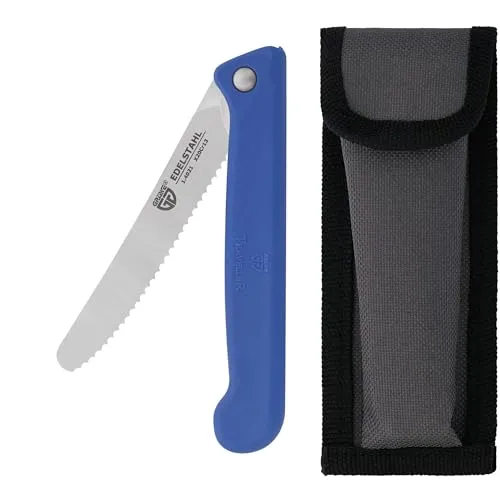 GRÄWE Klappmesser mit Wellenschliff, Frühstücksmesser, Brötchenmesser, Tomatenmesser, klein, klappbar (mit Liner Lock Mechanik), scharf, Brotzeitmesser aus Spezialstahl mit Etui, blau