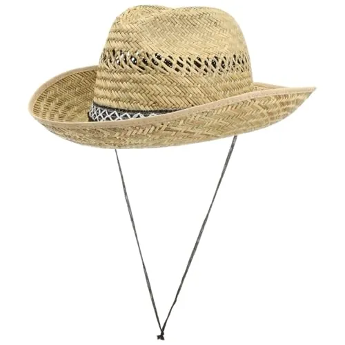 Lipodo Texas Strohhut Damen Herren Hut 100% Stroh Sonnenhut Made in Italy Cowboyhut S-XL Westernhut Kinnband Frühjahr Sommer Natur S (54-55 cm)