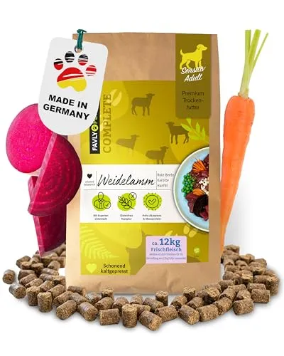 FAVLY – Weidelamm Trockenfutter für Hunde 12kg – kaltgepresst & glutenfrei – mit Rote Beete, Karotte & Hanföl – Monoprotein für Allergiker & Sensible Hunde – hoher Fleischanteil & ohne Zusätze