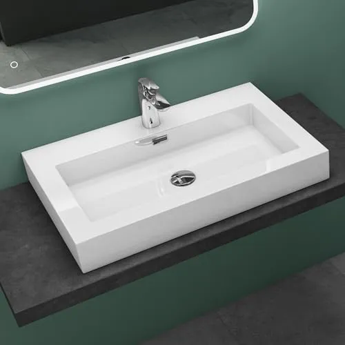 Mai & Mai Waschbecken Col18 - Hängewaschtisch aus Mineralguss - Elegantes Aufsatzwaschbecken in Weiß, 1 Armaturenloch und Überlauffunktion, ideal für moderne Badezimmer. Breite: 73 cm, langlebig und pflegeleicht.