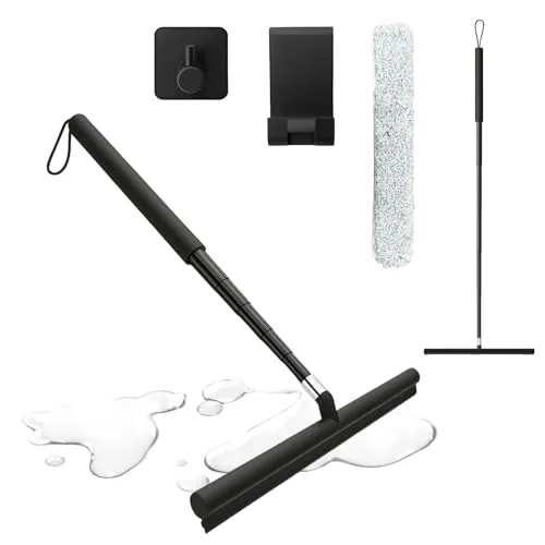 Duschabzieher Schwarz mit Teleskopstiel 30-120cm, Fensterwischer und Fensterabzieher 2 in 1, Bodenabzieher & Wasserschieber für Badezimmer, Dusche, Fenster putzen, Silikon Glasreiniger Fensterreiniger
