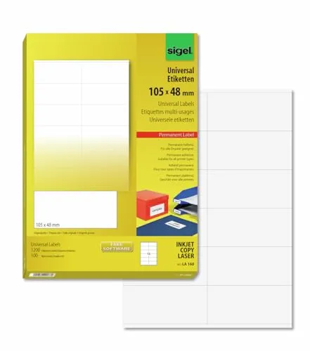 SIGEL LA160 Universal-Etiketten selbstklebend, bedruckbar, weiß - Universal-Aufkleber 105x48 mm, ideal für Adressetiketten oder Beschriftungen. Klares Druckbild, kompatibel mit InkJet- und Laser-Druckern. Perfekt für Organisation und Versand!