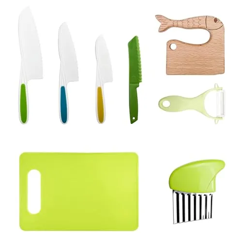 Lectorias Kindermesser Set, 8-Teiliges Kinder Messer Montessori ab 2 Jahre, Kindersichere Messer Küchenmesser, Kinder-Küchenmesser-Set zum Schneiden und Kochen von Obst Oder Gemüse für Kleinkinder