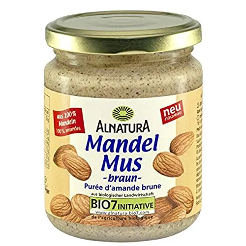 Alnatura Bio Mandelmus braun, 250 g - Mandelaufstrich, vielseitig einsetzbar zum Verfeinern von Saucen, Gemüsegerichten und als köstlicher Brotaufstrich – ideal für gesunde Ernährung.