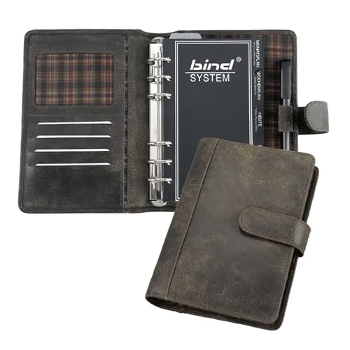bind - 10101 - Systemplaner A6 - Eleganter Terminkalender aus hochwertigem split washed Leder in Vintage Optik, ideal für Organisation und Stil. Inklusive 3-sprachiger Systemeinlage und praktischen Fächern für Stifte und Visitenkarten.