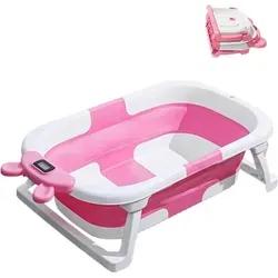Faltbare Baby-Badewanne mit Echtzeit-Temperaturanzeige, Schwimmkissen & Abfluss, tragbare Reise-Badewanne für Neugeborene & Kleinkinder (0–36 Mo... - Rosa