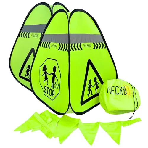 HECKBO 2X Pylone Achtung Kinder Schild spielende Pylonen Pylone + Wimpelkette