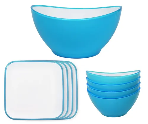 LindenBerg Geschirr-Set Salatschüssel Teller Set 9-teilig blau, 4 Personen, Spülmaschinengeeignet, bruchsicher