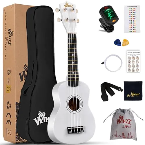 Winzz Sopran Ukulele Starter Kit für Anfänger, mit Tasche, Clip-On Tuner, zusätzlichen Saiten, Gurt, Plektron, Griffbrettaufkleber, Akkord-Karte, Poliertuch, Weiß