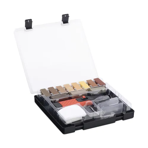 Navaris Laminat Parkett Reparaturset 17-teilig - Wachs Reparatur Set für Holz Oberflächen - Holzkitt für die schnelle und einfache Ausbesserung von Kratzern und Dellen in Holzoberflächen. Mit 11 Farbtönen und praktischem Wachs Schmelzer für individuelle Anpassung.