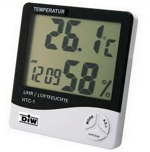 Produktbild DIW Raumthermometer HTC-1 digitale Wetterstation Hygro-+ Thermometer, Packung, Komplettset, Uhr, Luftfeuchte, Alarm, großes Display