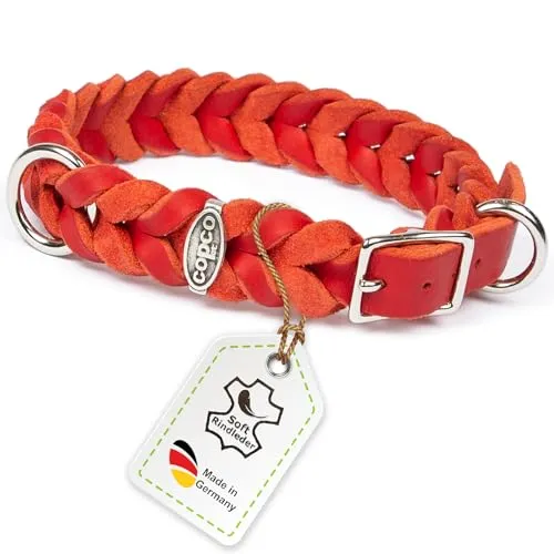 CopcoPet Hundehalsband aus Fettleder 40–44 cm x 25mm Rot – Geflochtenes Lederhalsband – verchromt mit Dornschließe – Robust & verstellbar – Für mittelgroße Hunde, ideal für Alltag & Training