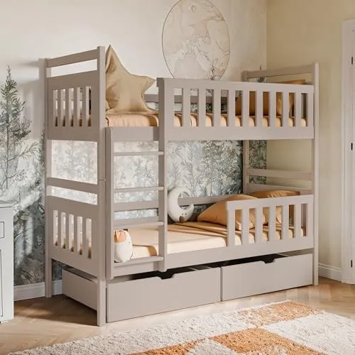 Etagenbett für Kinder 90x200 cm mit Schubladen - Platzsparendes Hochbett für das Kinderzimmer mit 2 Schubladen und extra Rausfallschutz, aus FSC Kiefer-Vollholz, sicher und umbaubar in zwei Einzelbetten.