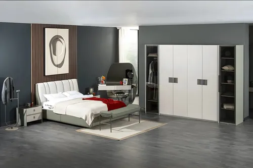 Schlafzimmer Komplette Set Doppelbett Schrank Weiß 5tlg Holz Modern - Stilvolles 5-teiliges Schlafzimmer-Set in Weiß, inklusive Doppelbett und Schrank. Ideal für modernes Wohnen mit viel Stauraum und eleganter Optik. Perfekt für ein gemütliches Schlafzimmer.