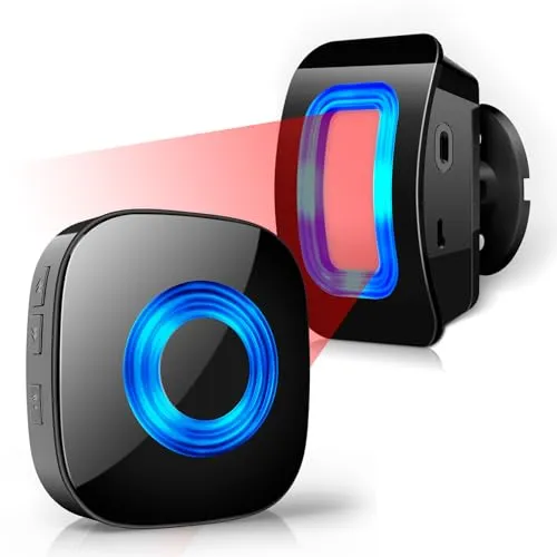 Bewegungsmelder mit Alarmdetektor,Kabellose Haussicherheits Alarmanlage, Reichweite bis 120-150M bei 4-5Mx110°, 1 Durchgangsmelder und 1 Steckempfänger, 58 Klingeltönen, 5 Lautstärkestufen