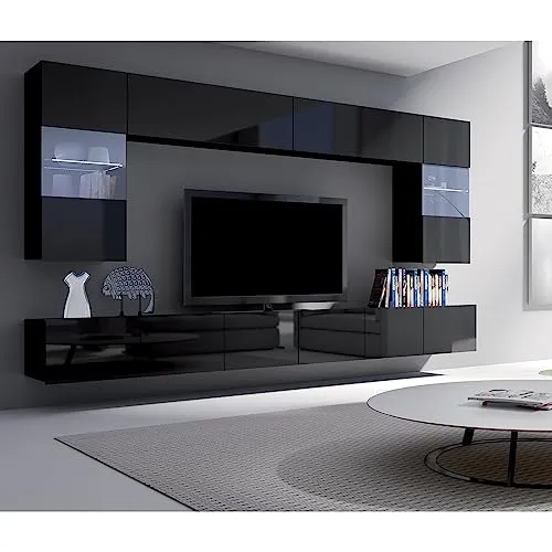 Lomadox Wohnwand Anbauwand schwarz Hochglanz 6-teilig - Moderne Wohnwand mit 2 TV-Lowboards und Hängevitrinen, individuell kombinierbar und in elegantem schwarz Hochglanz. Perfekt für stilvolle Wohn- und Esszimmer.