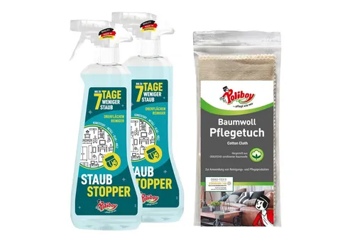 poliboy 2xStaubstopper 500ml + Baumwoll Pflegetuch Reinigungsspray (bis zu 7 Tage ohne Staub - für Möbel aller Art - Made in Germany)