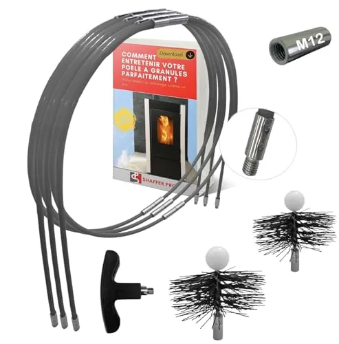 SHAFFER PRO Kaminreinigungsset Pellet 9 Meter – Flexibles Schornsteinfeger-Set mit 15 Reinigungsrohren und Adapter M12