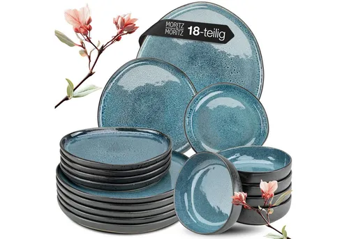 Moritz & Moritz Tafelservice ORGANIC reaktiv blau 18-tlg. für 6 Personen - Elegantes 18-teiliges Geschirrset aus Steinzeug für 6 Personen, spülmaschinenfest und ideal für Alltag sowie besondere Anlässe. Bringen Sie frischen Wind auf Ihren Tisch!