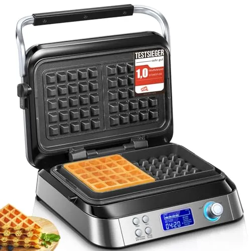 FOHERE Waffeleisen 1600 W - Doppelwaffeleisen für Belgische Waffeln mit 5 Programmen, 7 Bräunungsstufen und intelligentem LCD-Display für perfekte Ergebnisse und kinderleichte Bedienung.
