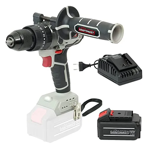 Dino KRAFTPAKET 18V-75Nm Bürstenloser Akku-Schlagbohrschrauber - Akkuschrauber mit 75 Nm Drehmoment, ideal für vielseitige Anwendungen in Holz und Metall. Inklusive 4Ah Akku und Ladegerät für längere Betriebszeiten.