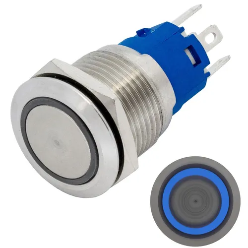 Edelstahl Drucktaster Flach Ø19mm Ring LED Blau IP65 2,8x0,5mm Pins 250V 3A Vand