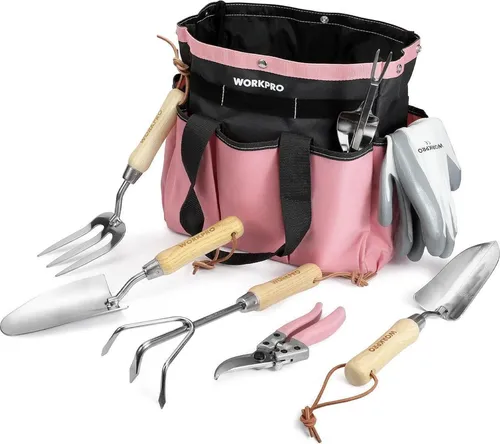 WORKPRO Gartenwerkzeug Set 8-in-1 Rosa Gartengeräte Edelstahl Aufbewahrungstasche
