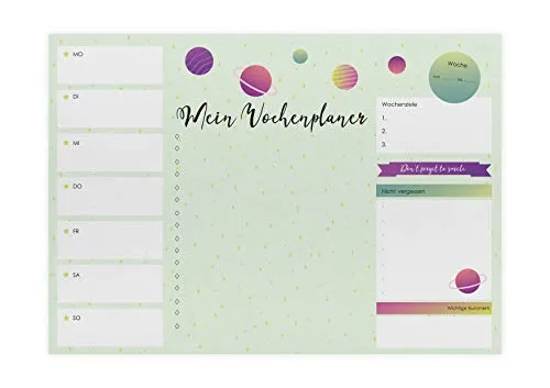 Friendly Fox Planeten Schreibtischunterlage Papier A3, Wochenplaner Block zum Abreißen, 25 Blatt Schreibunterlage für Kinder & Erwachsene